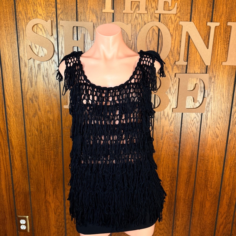 Lumiere Black Boho Fringe Crochet Tank Top Women Med Western Indie Sleaze Punk